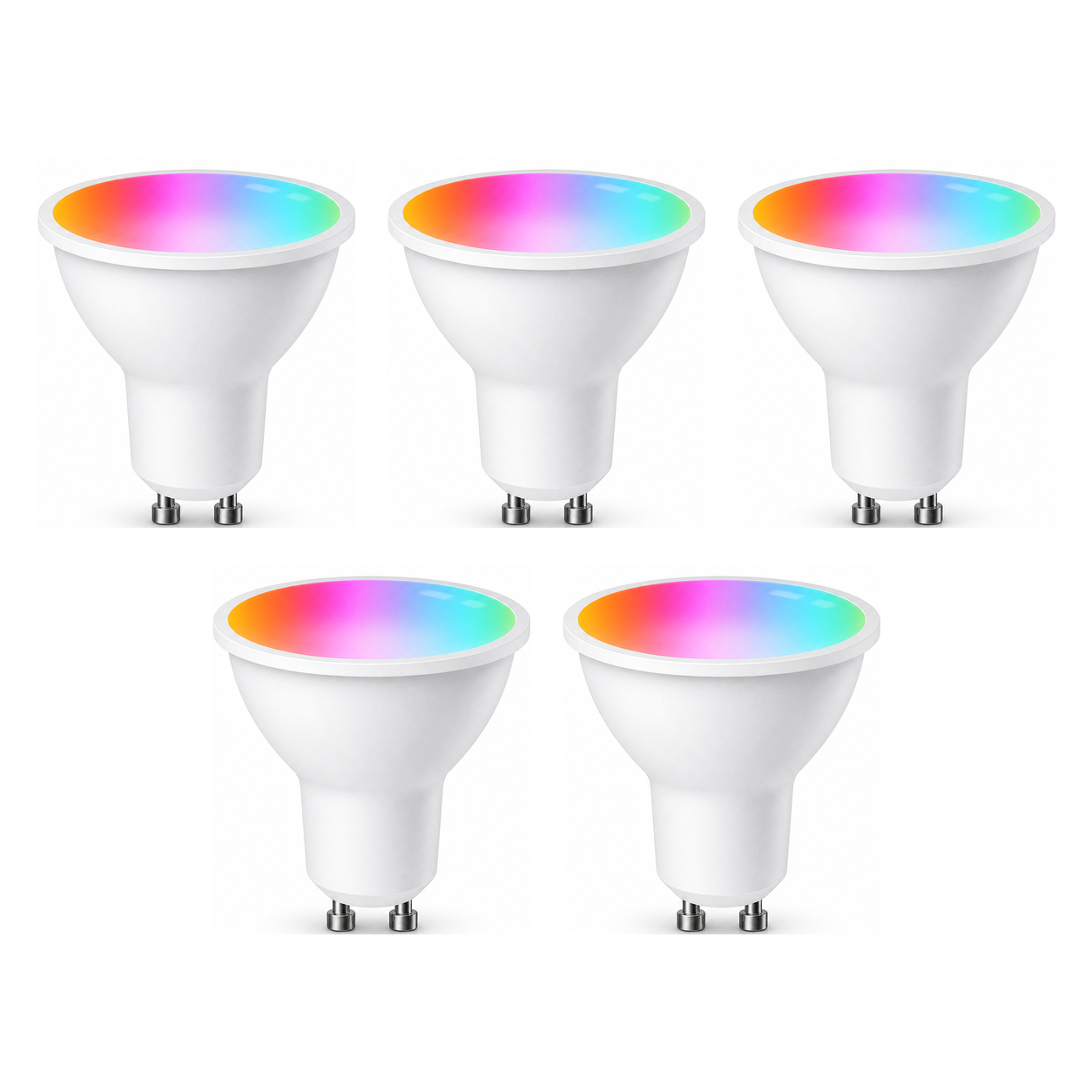 Lot de 5 ampoules LED GU10 Wi-Fi Matter RGB+CCT sur fond blanc studio