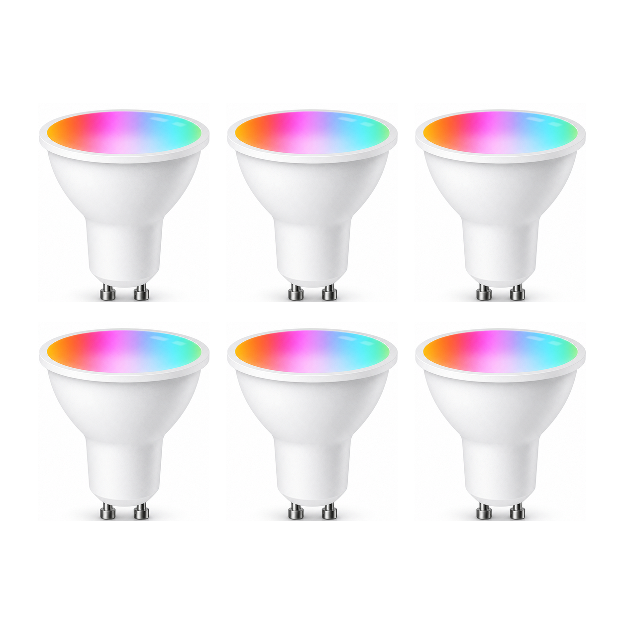 Lot de 6 ampoules LED GU10 Wi-Fi Matter RGB+CCT sur fond blanc studio