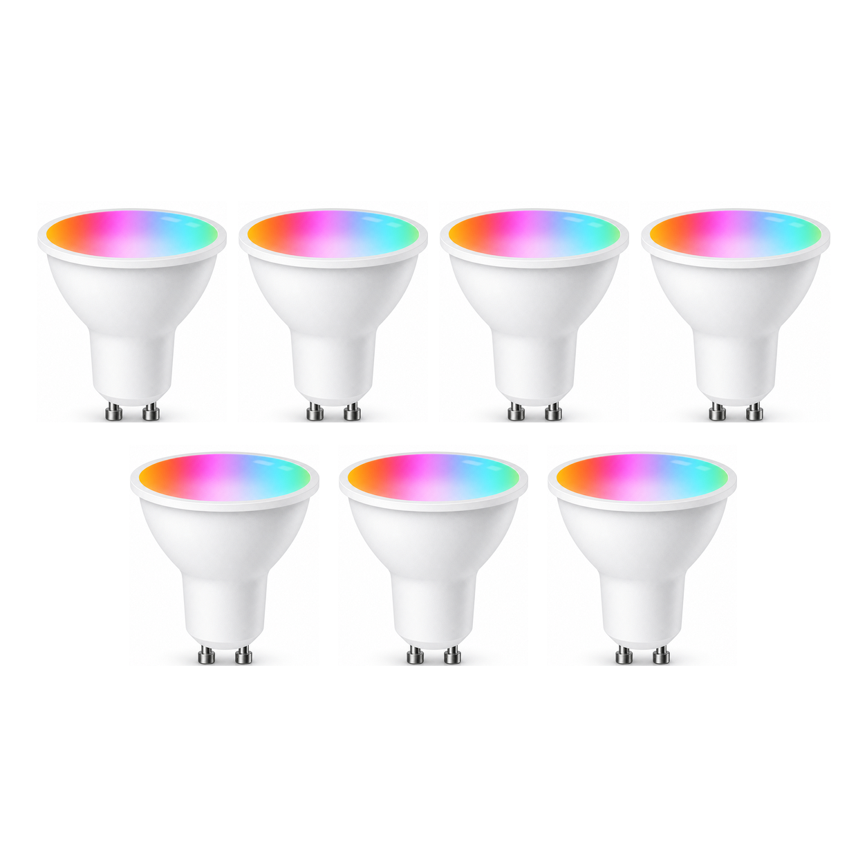 Lot de 7 ampoules LED GU10 Wi-Fi Matter RGB+CCT sur fond blanc studio