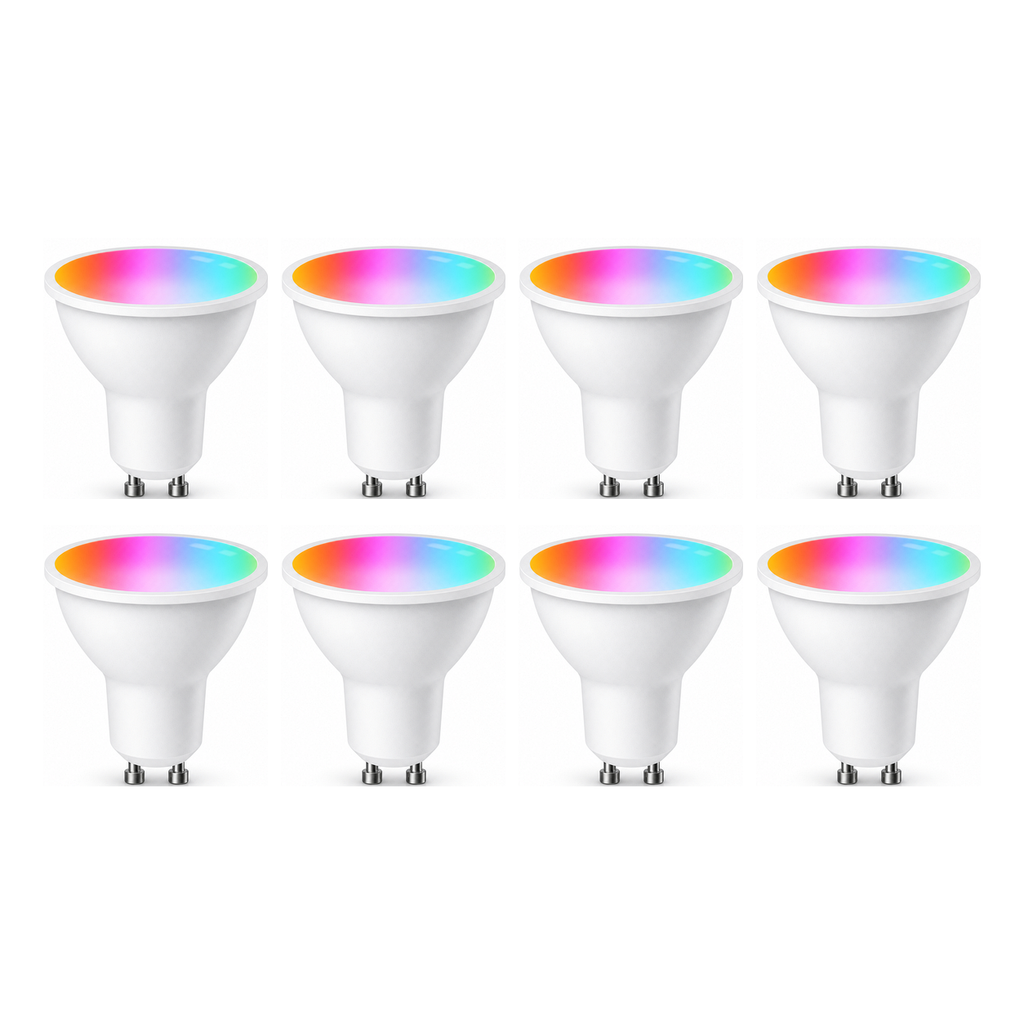 Lot de 8 ampoules LED GU10 Wi-Fi Matter RGB+CCT sur fond blanc studio