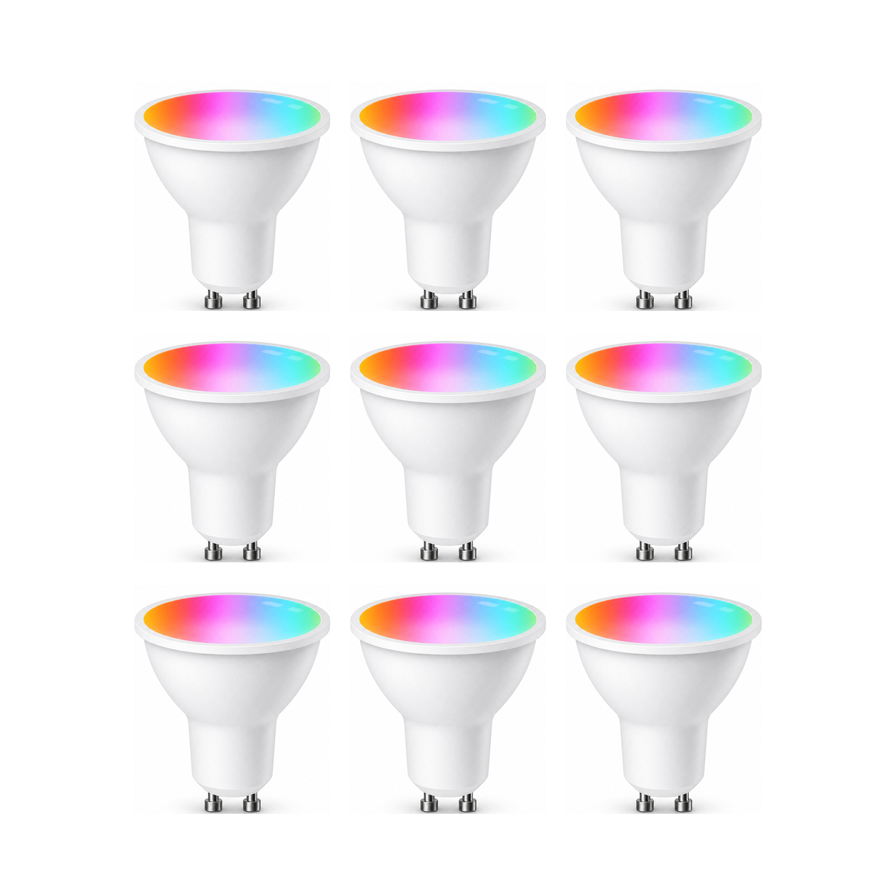 Lot de 9 ampoules LED GU10 Wi-Fi Matter RGB+CCT sur fond blanc studio