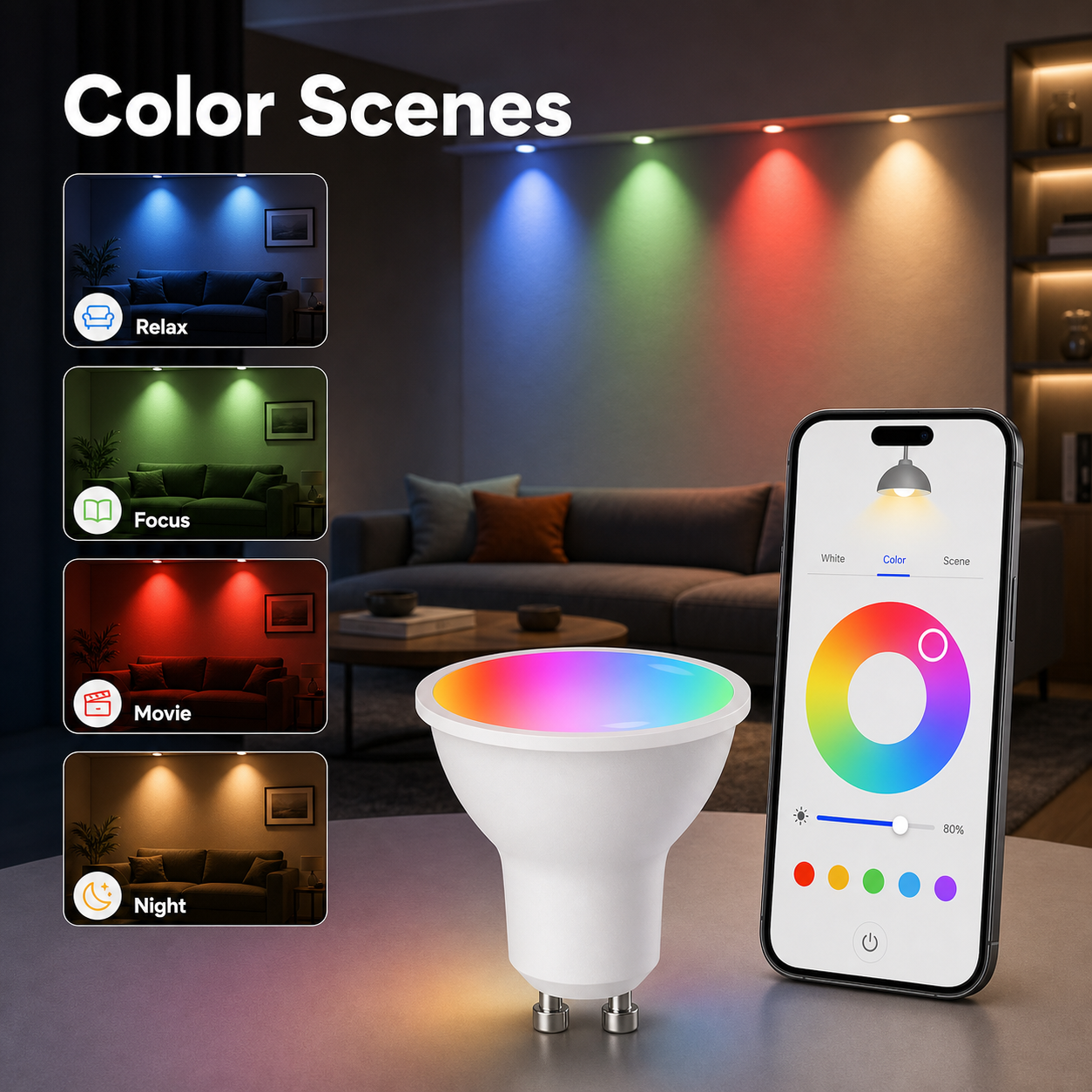 Color scene presets for GU10 RGB smart bulb