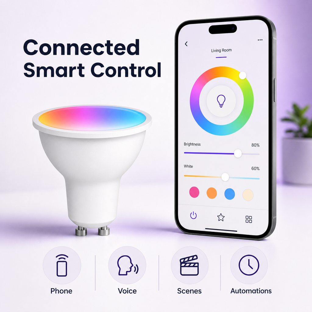 Connected smart control options for GU10 Matter smart bulb