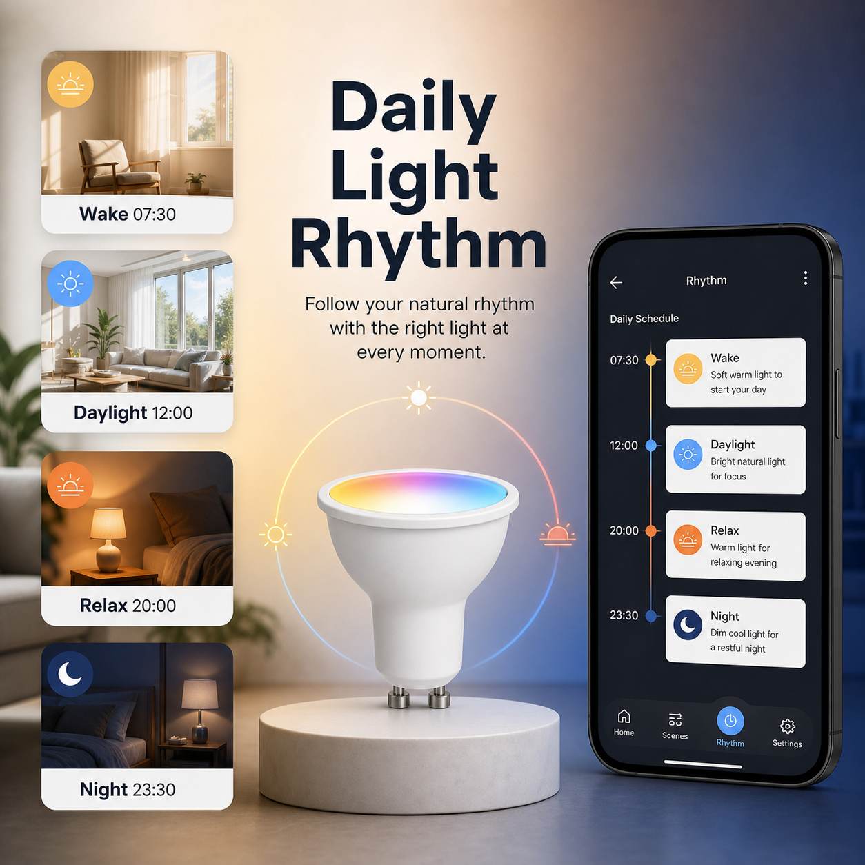 Daily light rhythm schedule for GU10 smart bulb
