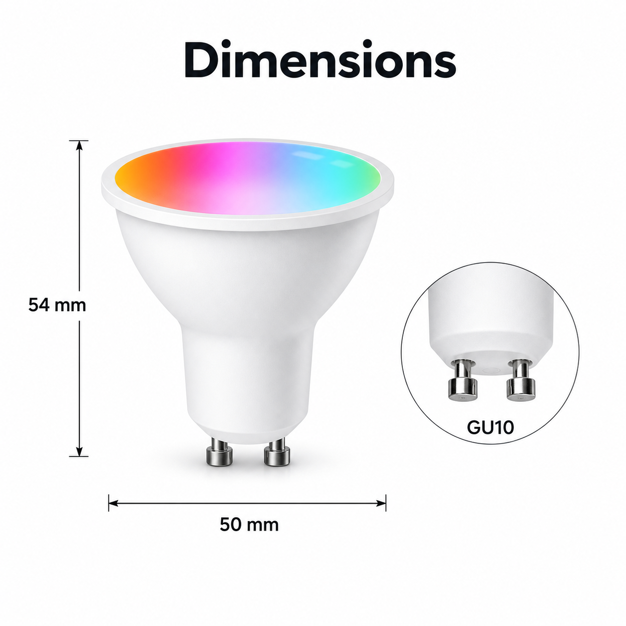 Dimensions diagram for GU10 Matter RGB+CCT bulb