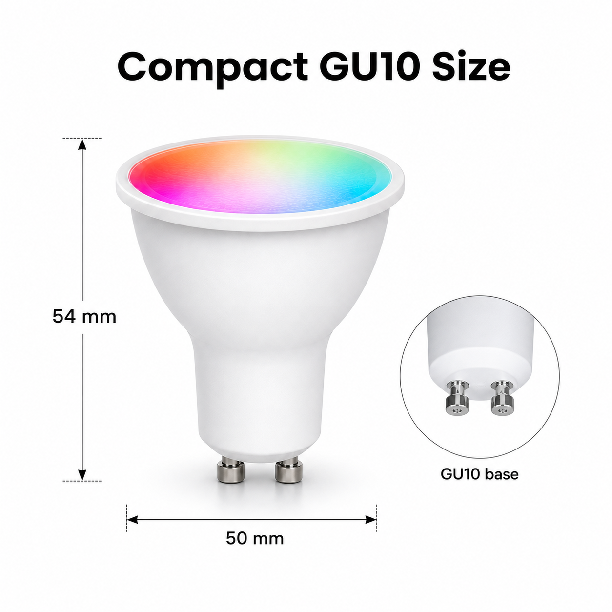 Dimension diagram for GU10 Matter RGB+CCT smart bulb with GU10 base