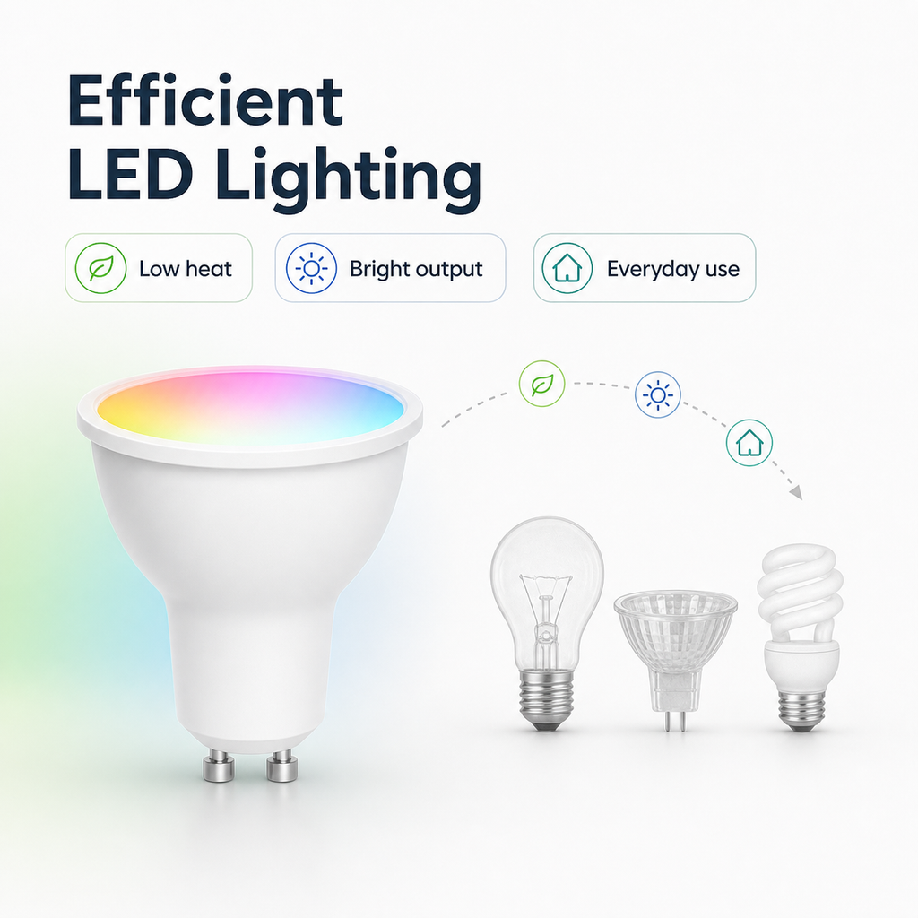 Efficient LED lighting image for GU10 RGB+CCT smart bulb