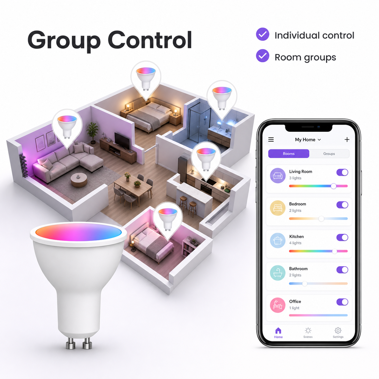 Group control interface for multiple GU10 smart bulbs