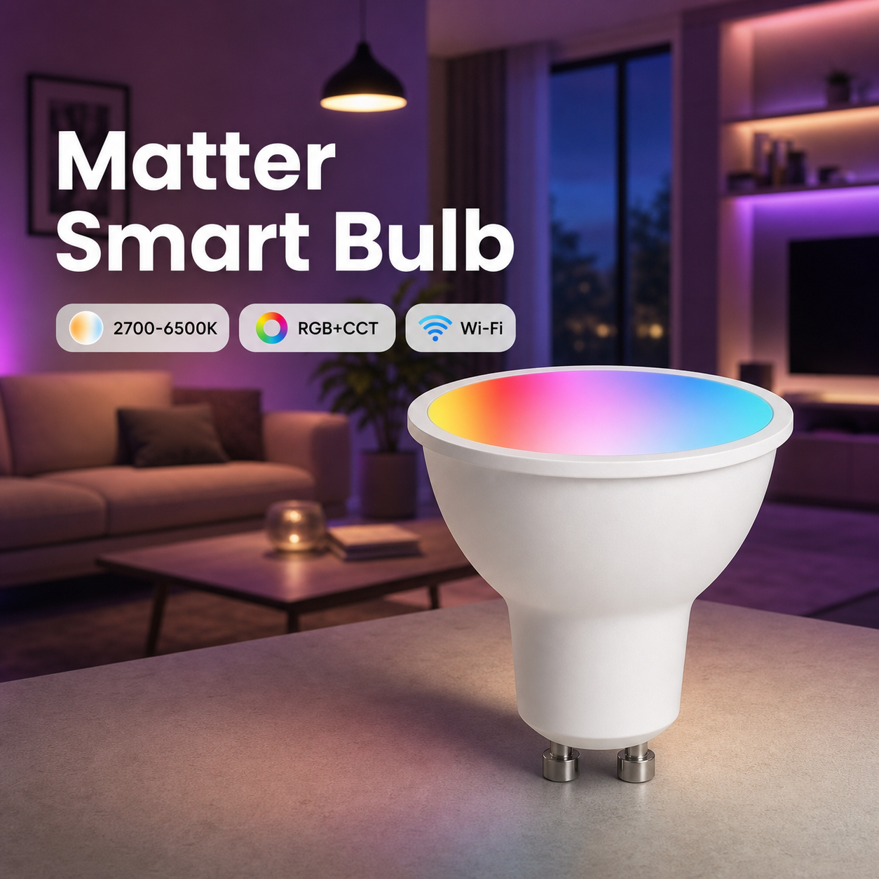 Lifestyle hero image of Matter GU10 RGB+CCT smart bulb in a modern room