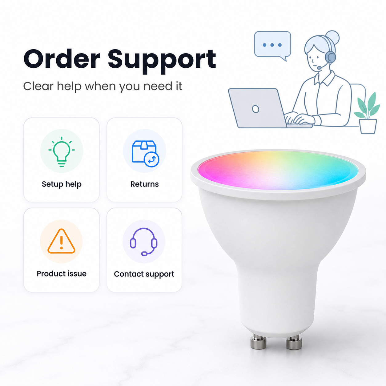 Order support information image for GU10 smart bulb