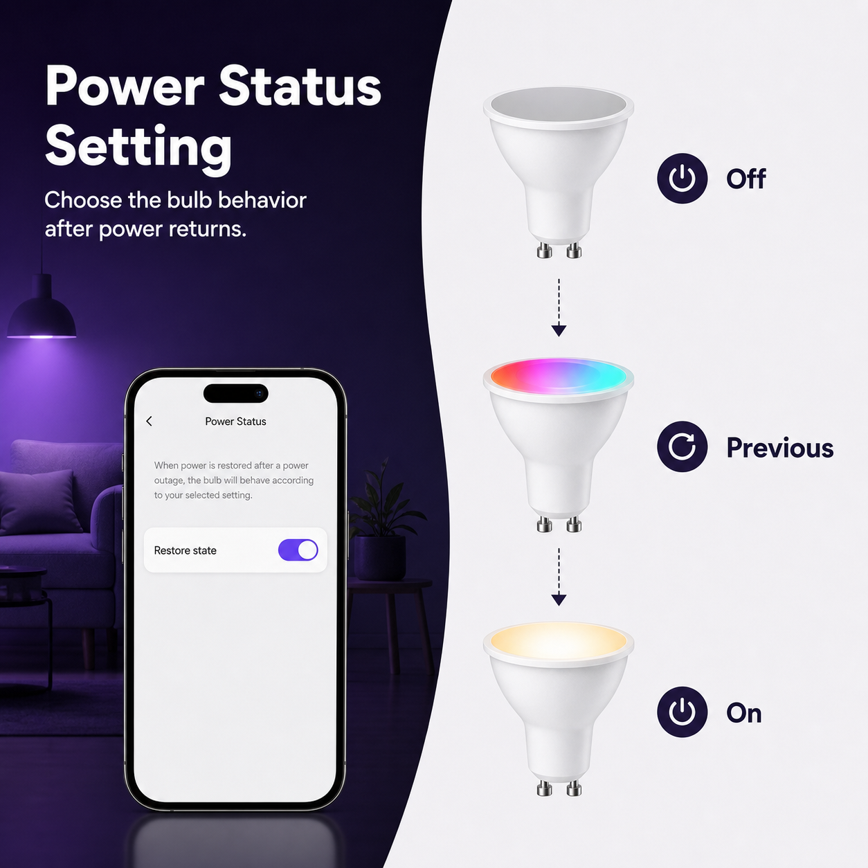 Power status setting options for GU10 smart bulb