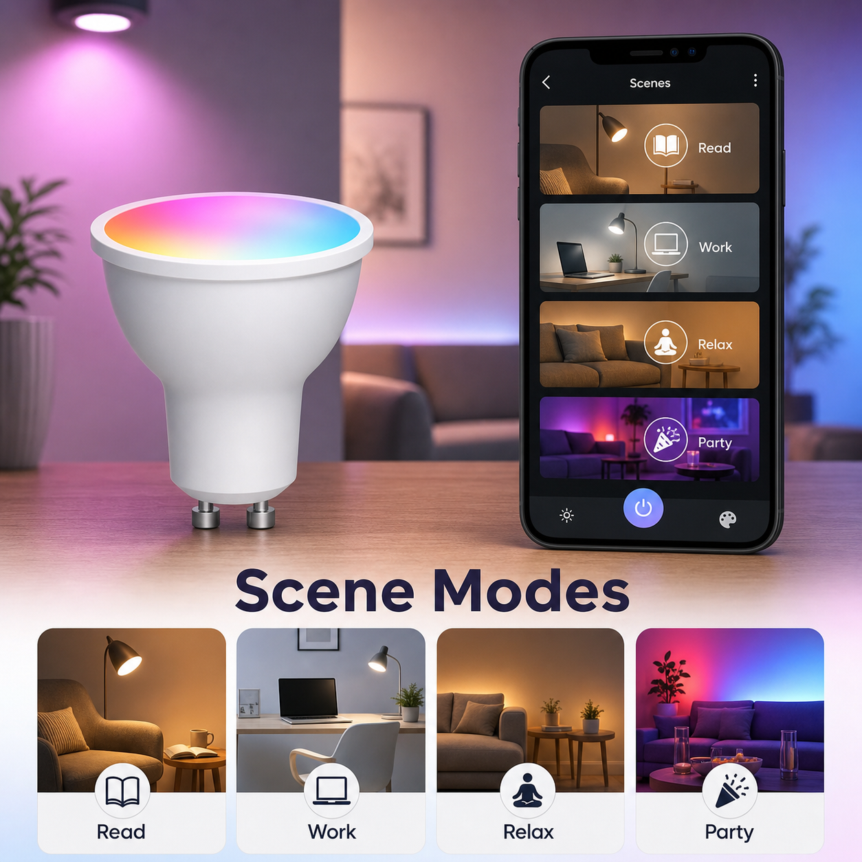 Scene modes for GU10 RGB+CCT smart bulb