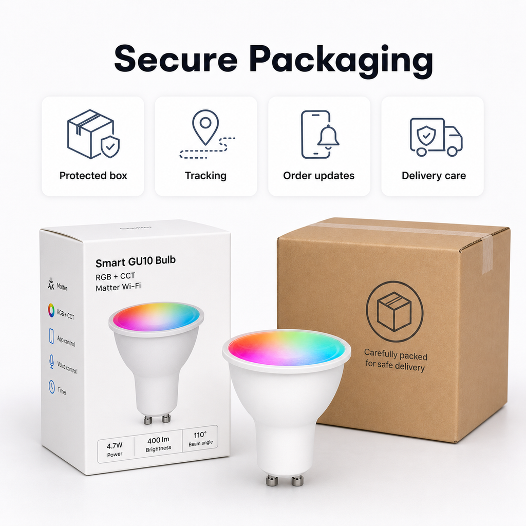 Secure packaging image for GU10 smart bulb delivery
