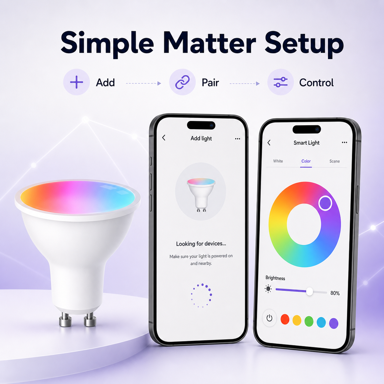 Simple Matter setup screens for GU10 Wi-Fi smart bulb