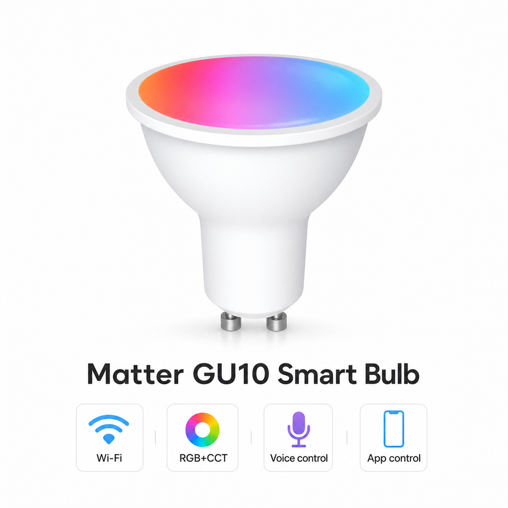 Studio packshot of Matter GU10 RGB+CCT smart bulb on white background