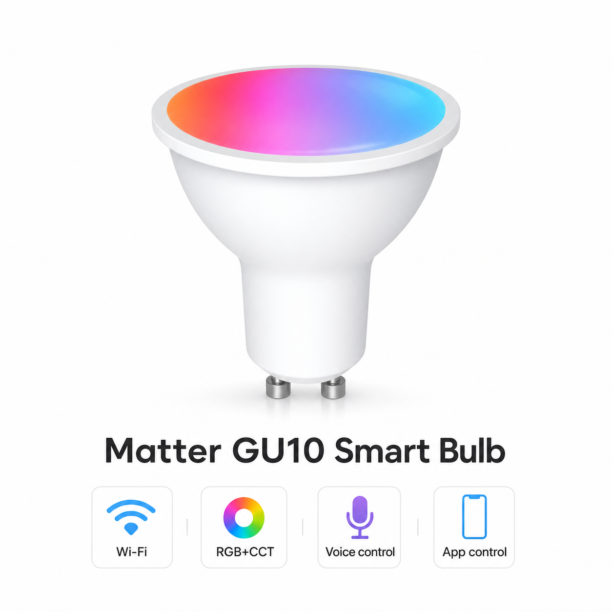 Studio packshot of Matter GU10 RGB+CCT smart bulb on white background