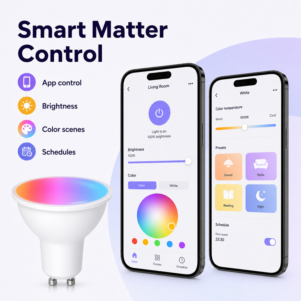 Smart control app interface for Matter GU10 RGB+CCT smart bulb