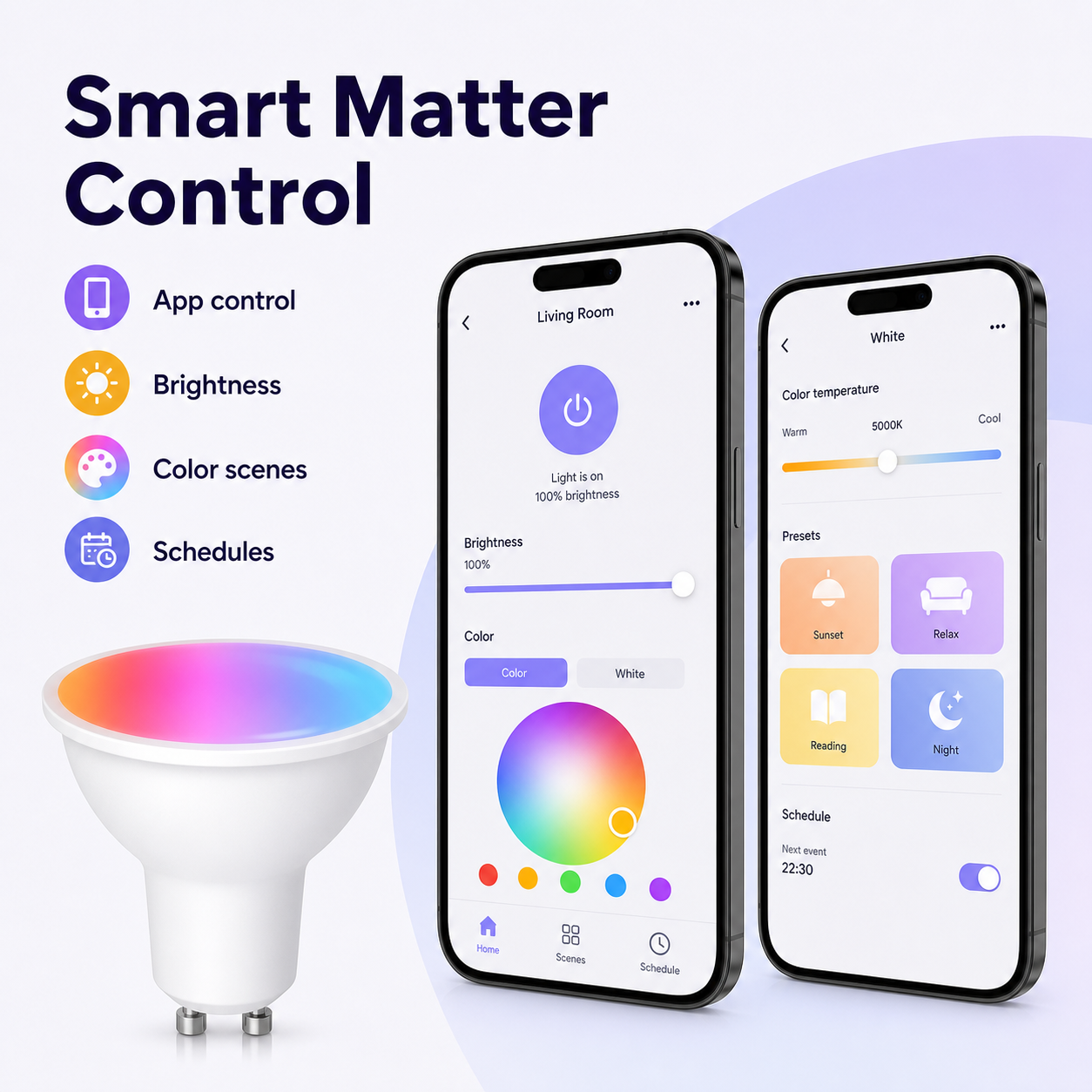 Smart control app interface for Matter GU10 RGB+CCT smart bulb