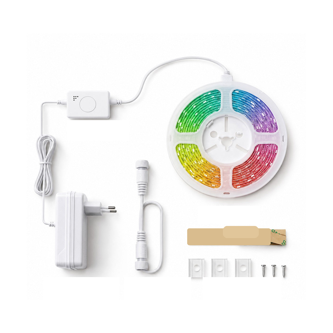 Composants du kit NeoLight Strip Comfort ZigBee RGB5050 avec ruban LED, controleur, cable, alimentation et accessoires