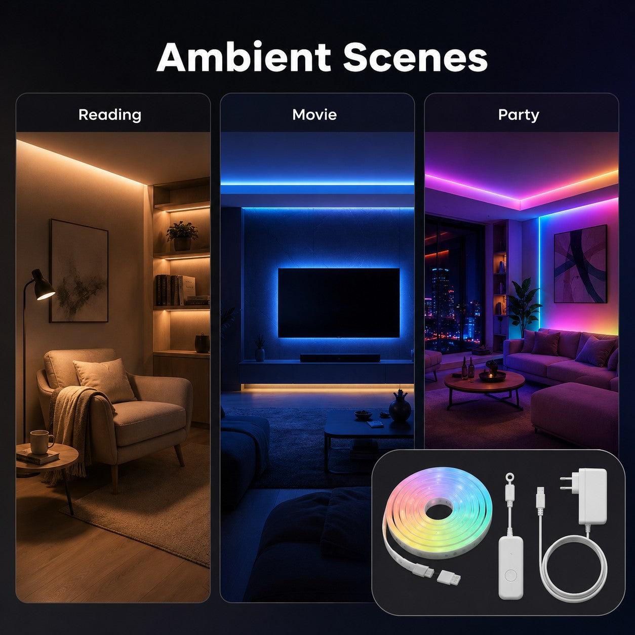 Ambient scene modes for NeoLight RGB5050 LED strip in modern room settings