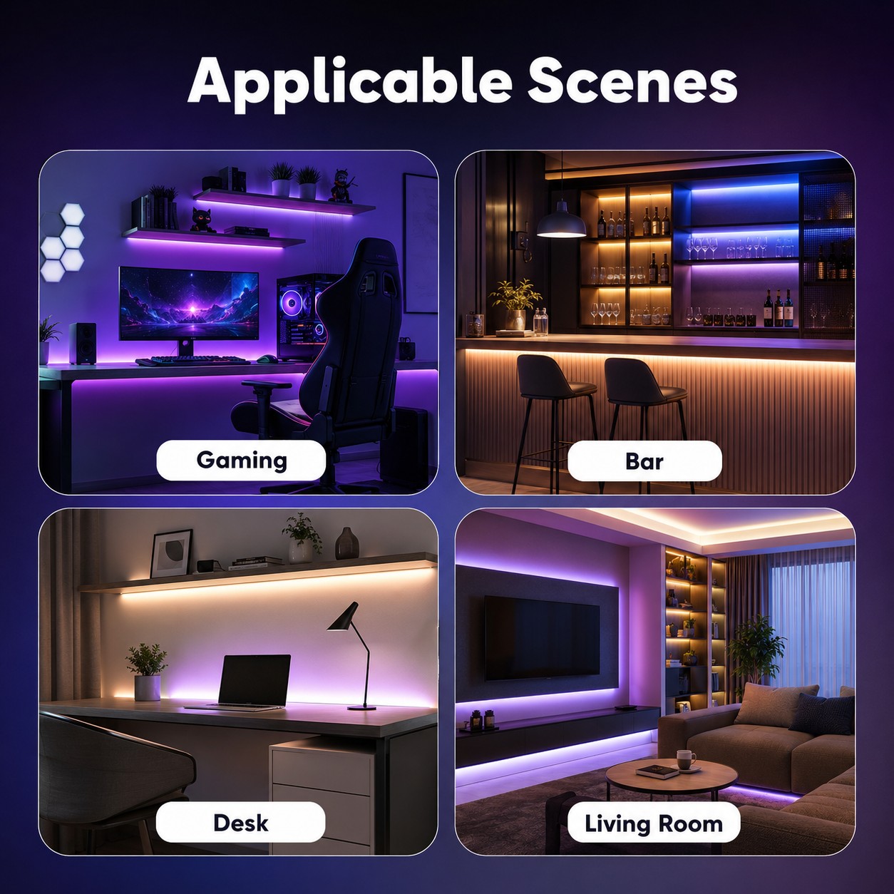 Applicable scenes for NeoLight RGB5050 LED strip in gaming living room bar and desk settings