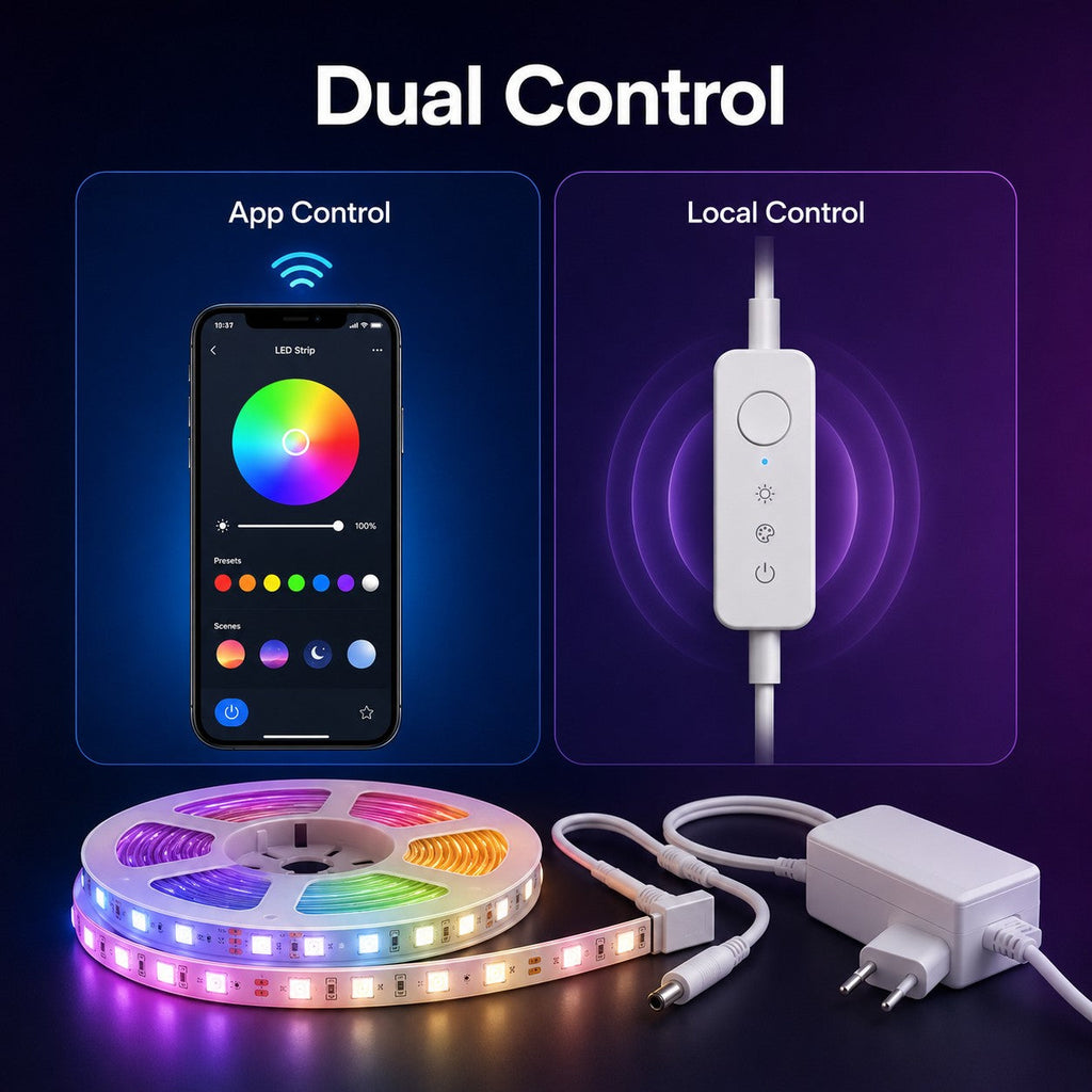 Dual control image showing local controller and app control for NeoLight RGB5050 LED strip