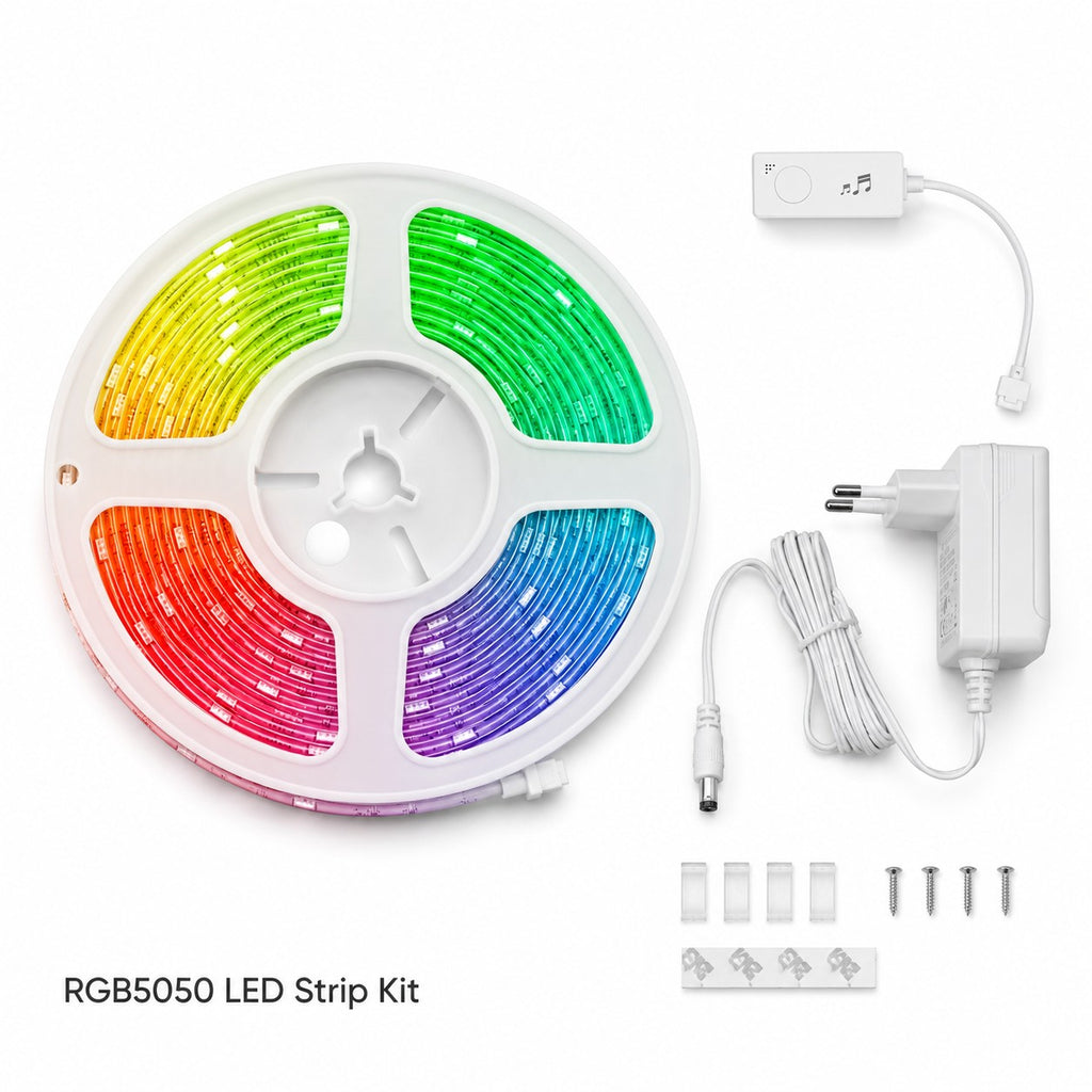 Full studio packshot of NeoLight RGB5050 LED strip kit with controller adapter cable and accessories