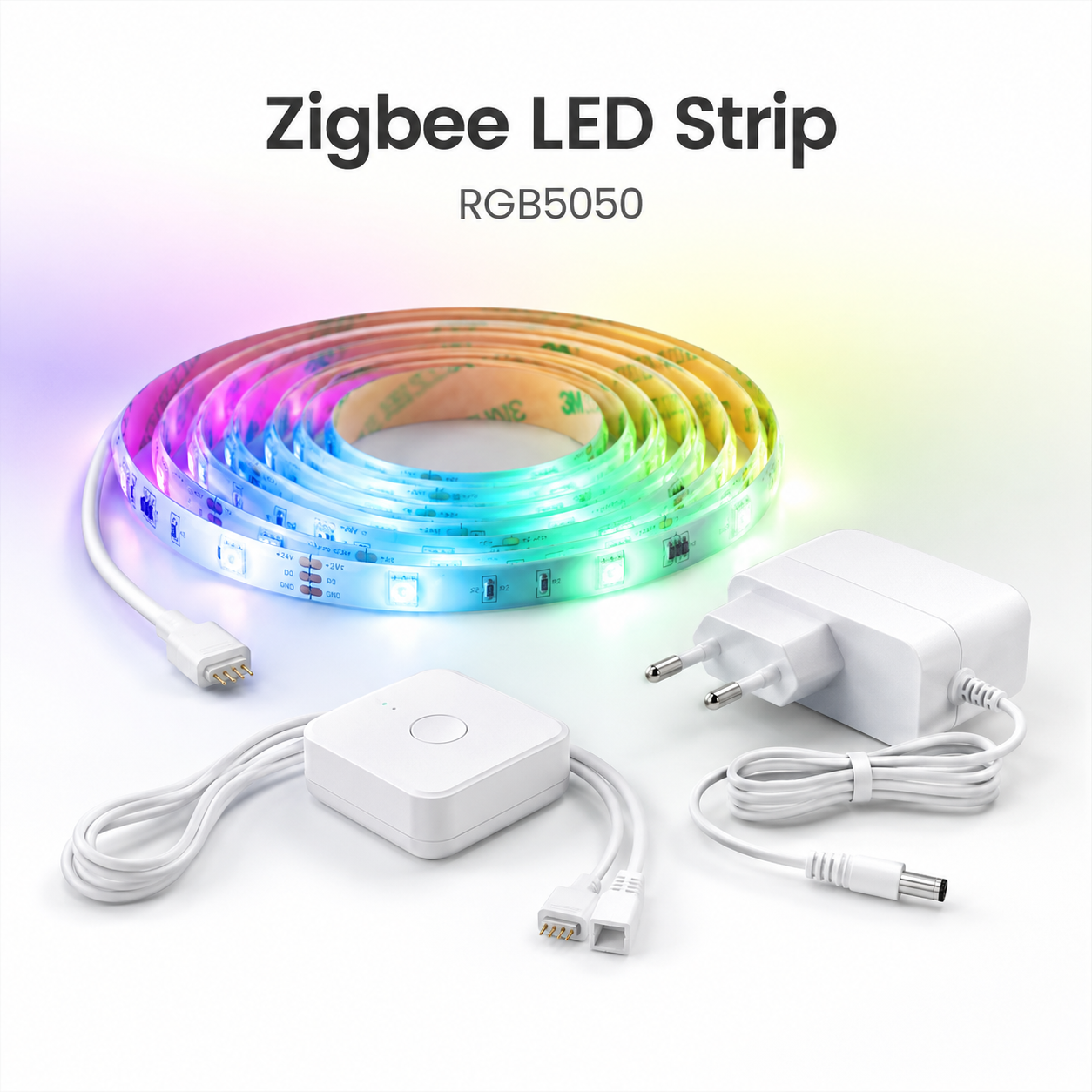 Studio packshot of NeoLight Zigbee RGB5050 LED strip kit with controller and power adapter