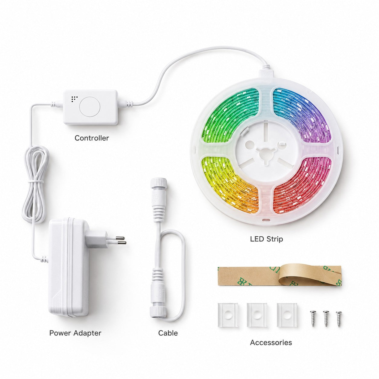 Studio layout of NeoLight RGB5050 LED strip kit components and accessories