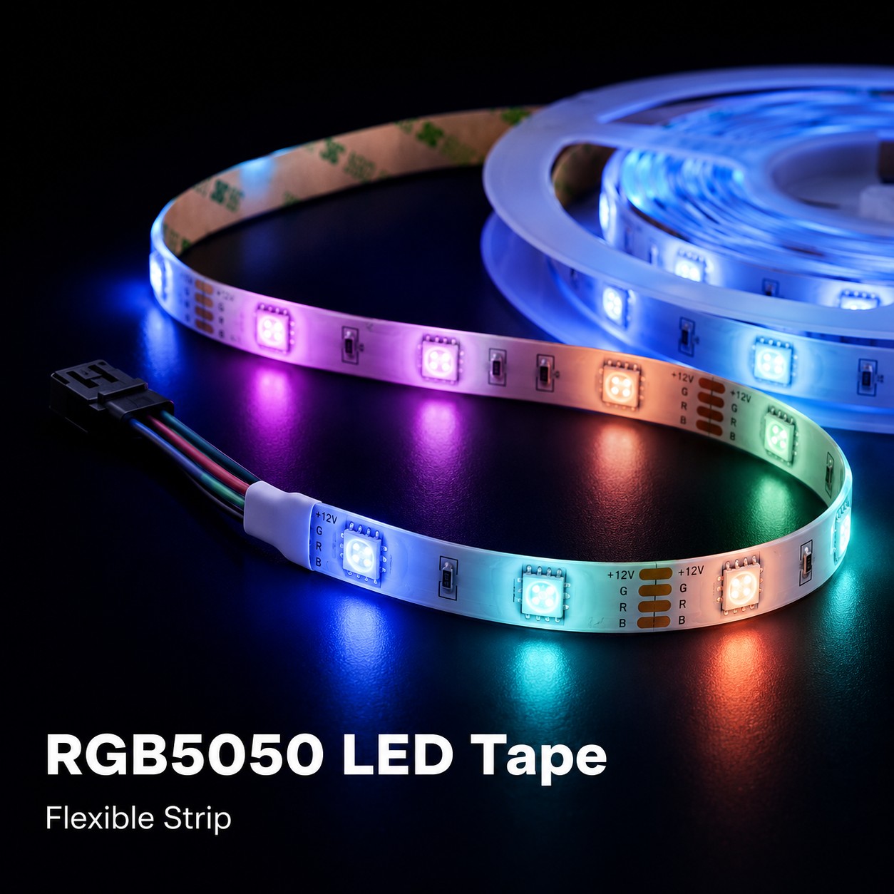 Close-up detail of flexible RGB5050 LED tape for NeoLight smart strip