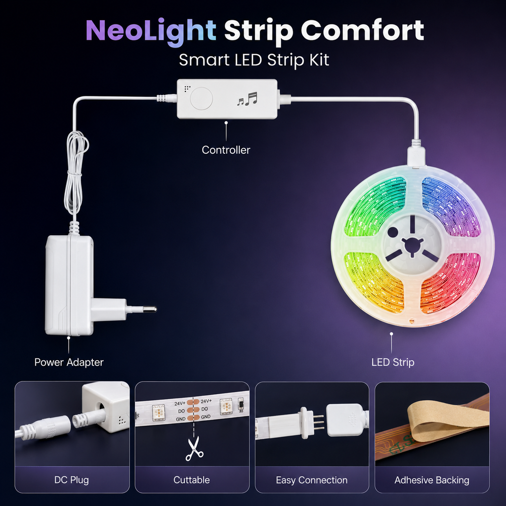 Product detail image showing controller power adapter LED strip and connection details