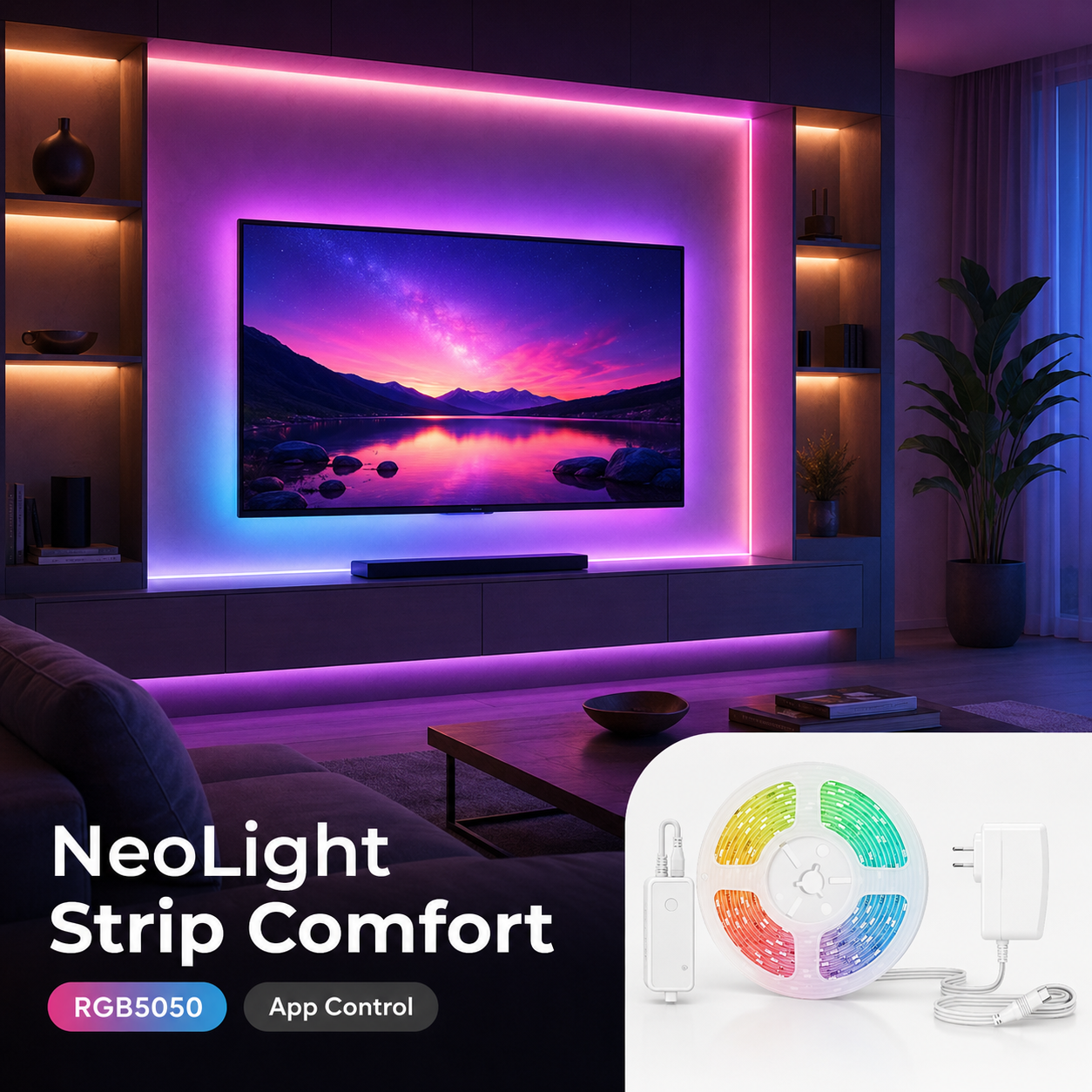 Modern living room lighting scene with NeoLight RGB5050 LED strip