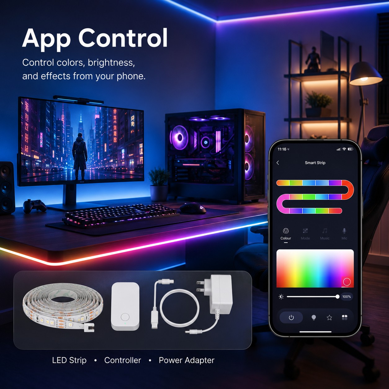 Smart app control scene for NeoLight RGB5050 LED strip in a modern gaming setup