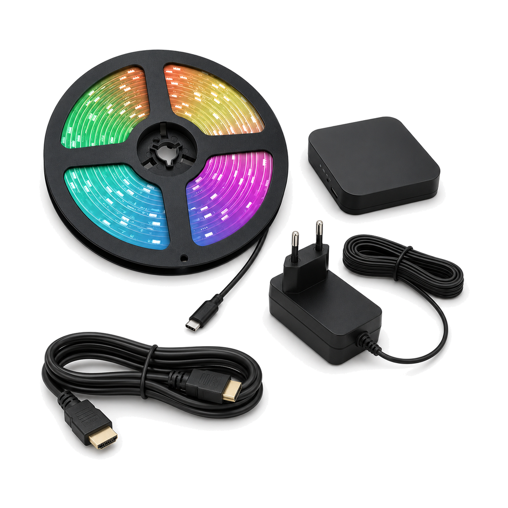 Kit LED TV Wi-Fi HDMI Neolight Sync format europ?en pour TV 55 ? 65 pouces sur fond blanc