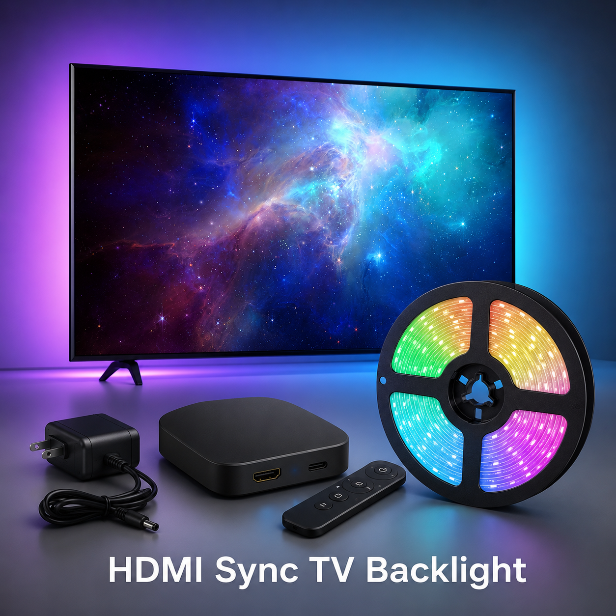 Studio packshot of Wi-Fi HDMI TV LED backlight kit with sync box