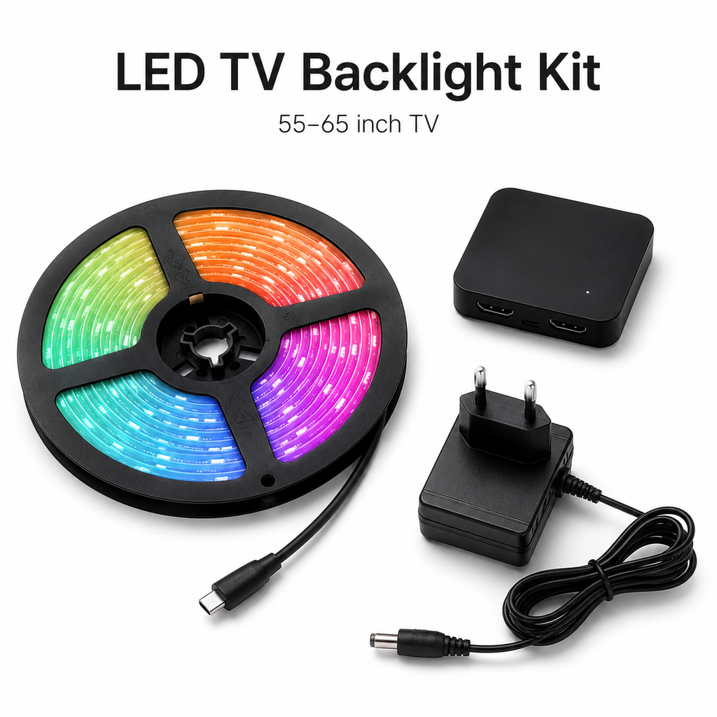 Studio overview of LED strip TV backlight kit components