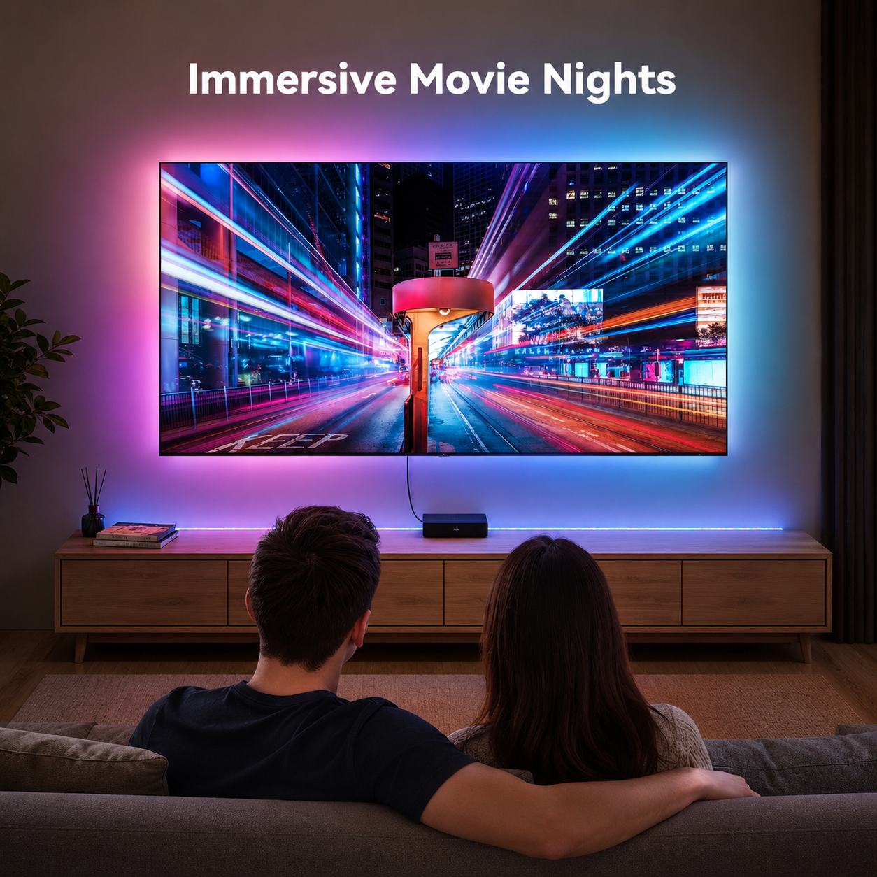 Immersive TV backlight lifestyle scene for movie nights