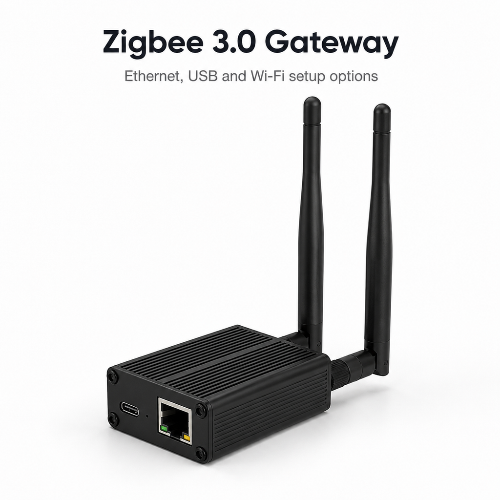 Clean studio packshot of black Zigbee Ethernet gateway