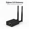 Clean studio packshot of black Zigbee Ethernet gateway