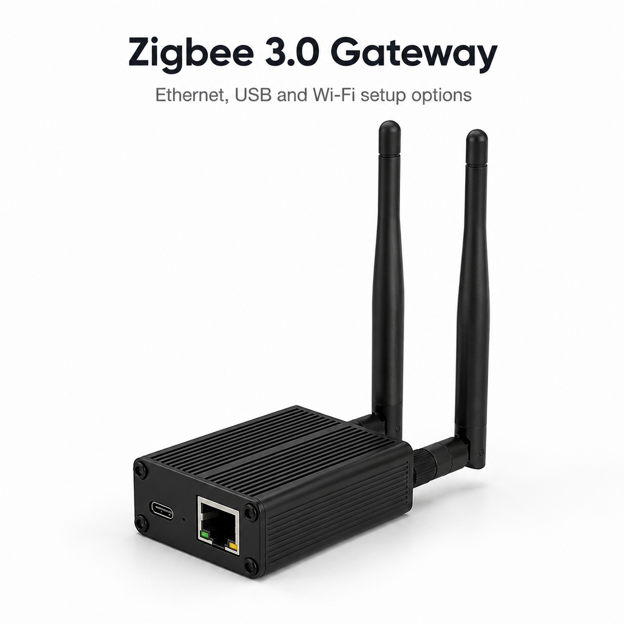 Clean studio packshot of black Zigbee Ethernet gateway
