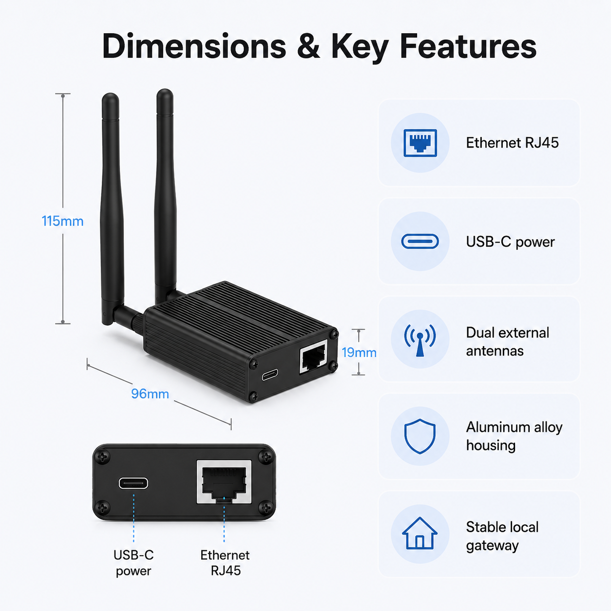 Dimensions and specifications for Zigbee Ethernet gateway