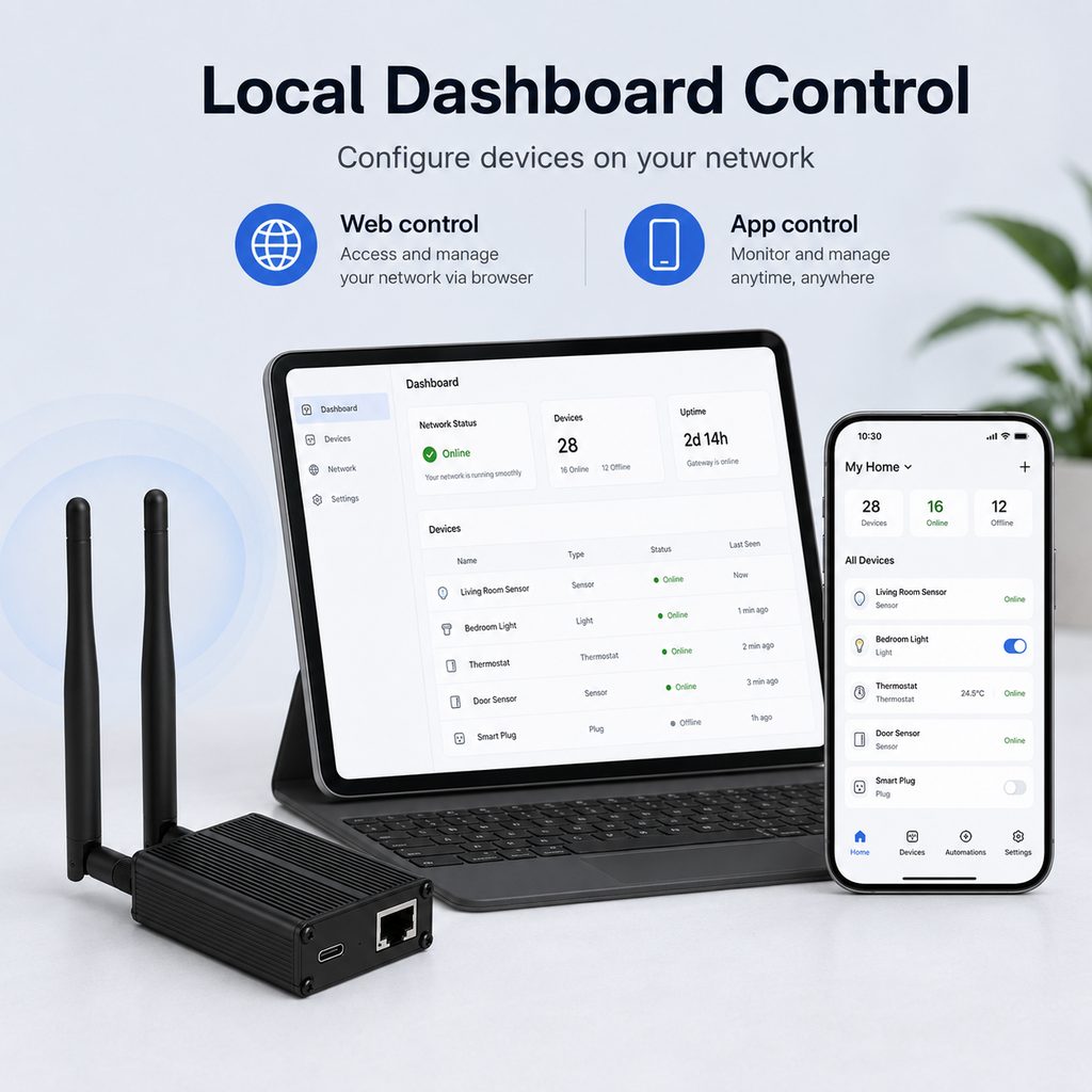Local dashboard and app control for Zigbee Ethernet gateway