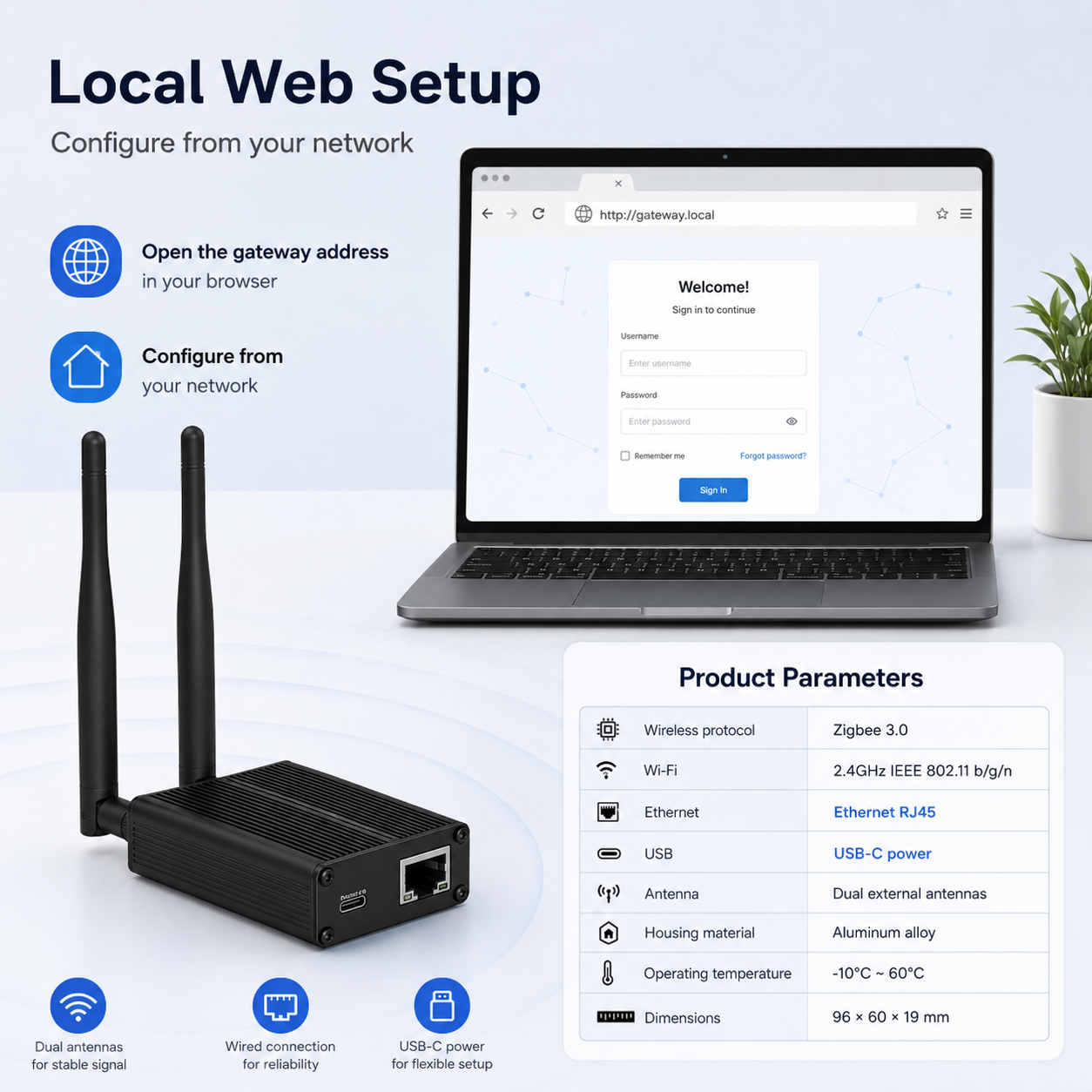 Product parameters and local web setup visual for Zigbee Ethernet gateway