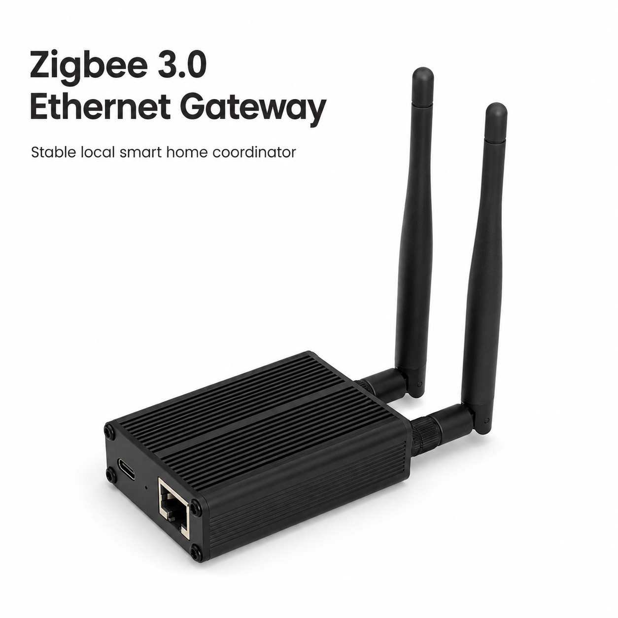 Studio packshot of Zigbee 3.0 Ethernet gateway with antennas