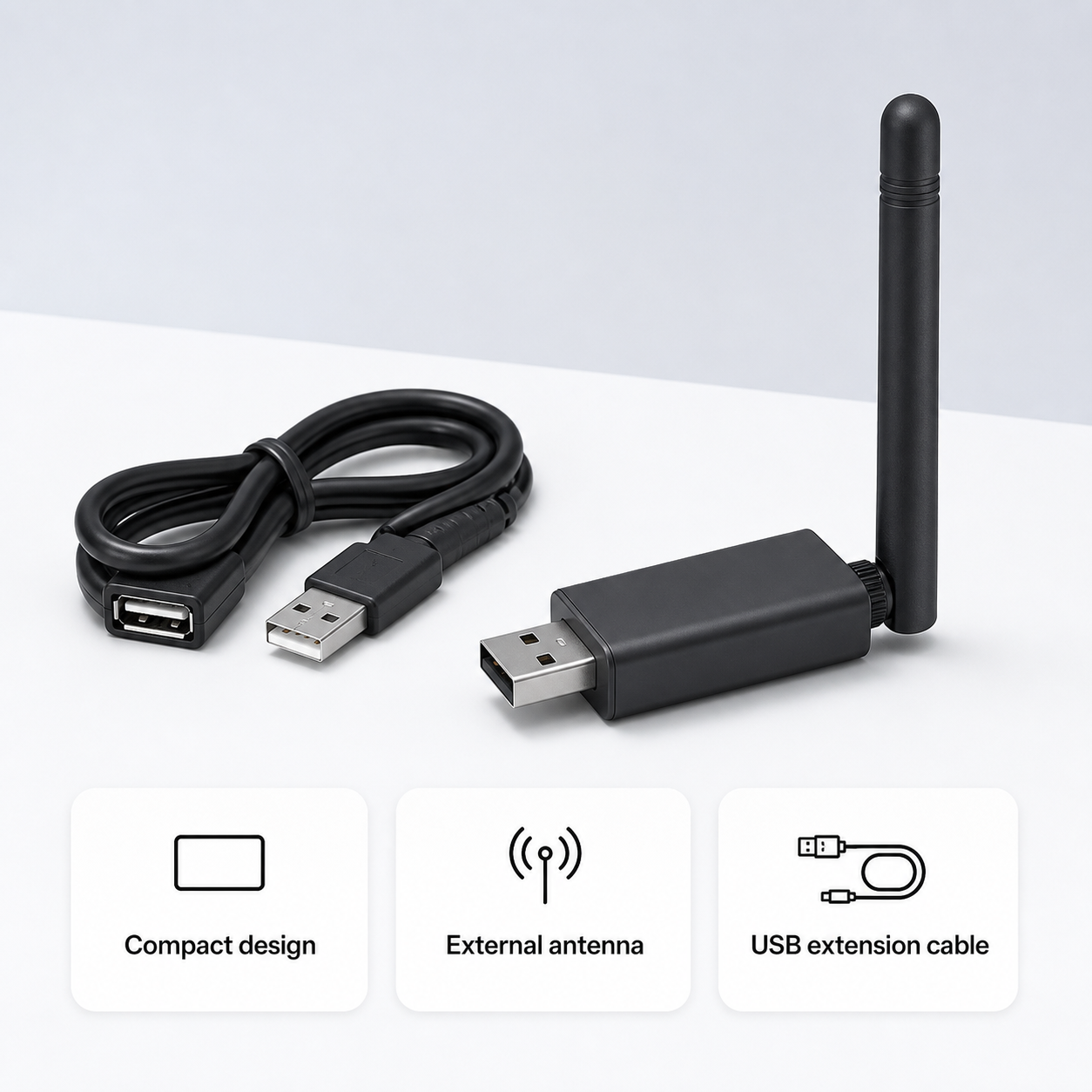 Dongle USB ZigBee et Thread avec antenne externe et câble d’extension USB.