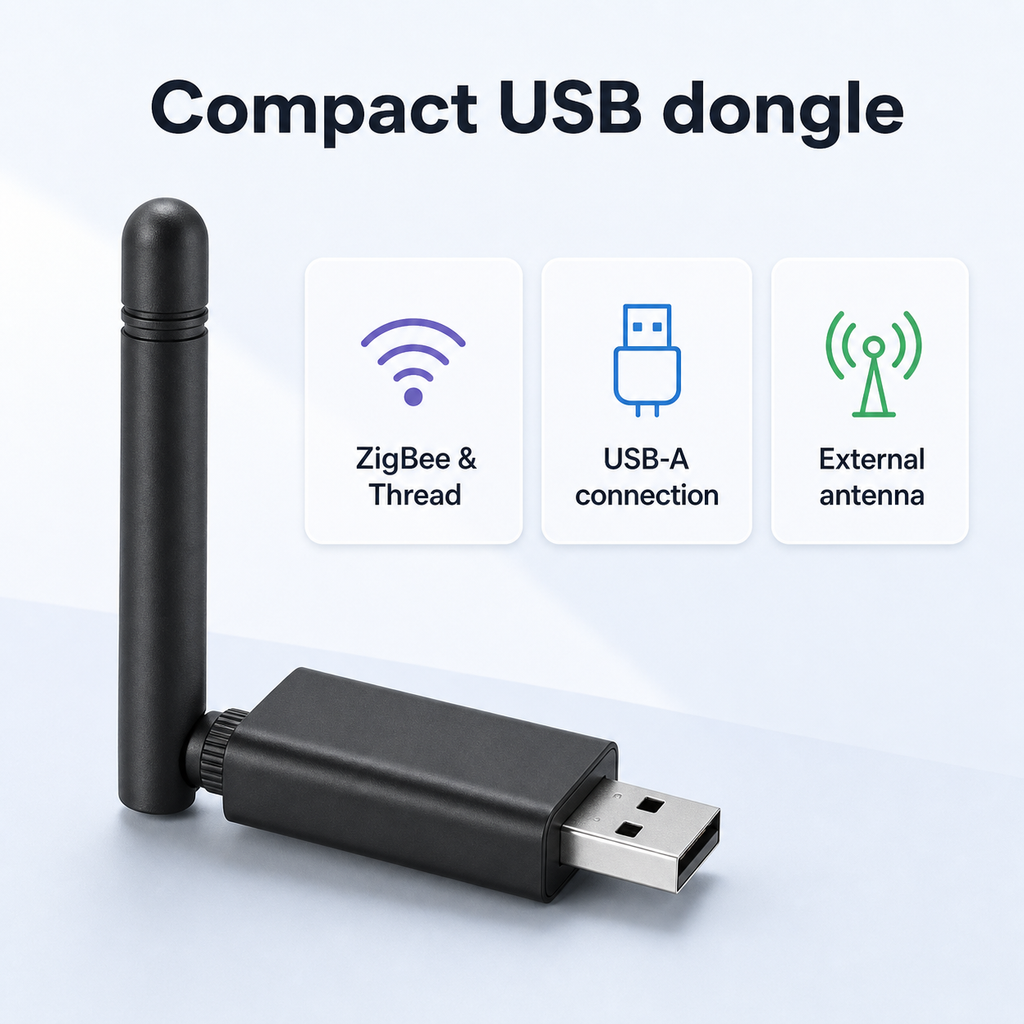 Aperçu du dongle USB compact ZigBee et Thread avec antenne externe.