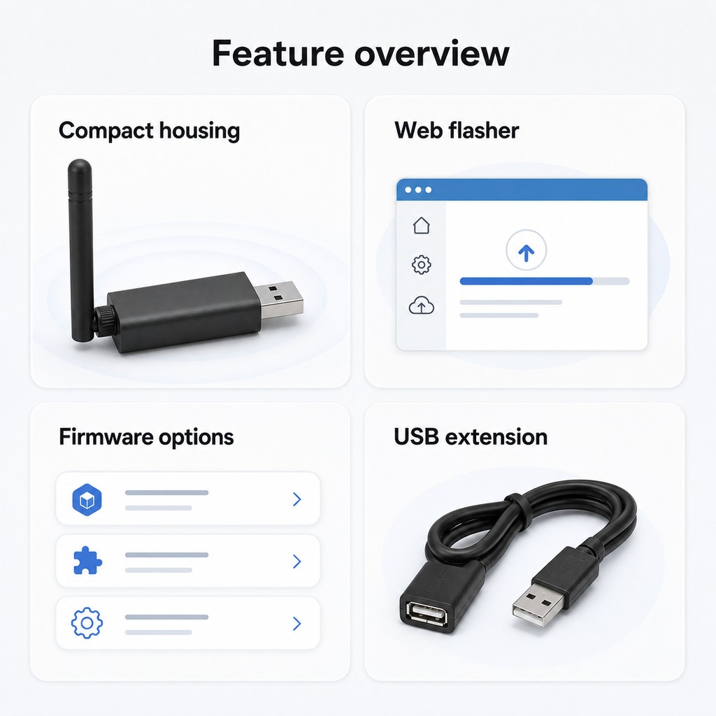Fonctionnalités du dongle ZigBee et Thread avec web flasher et câble USB.