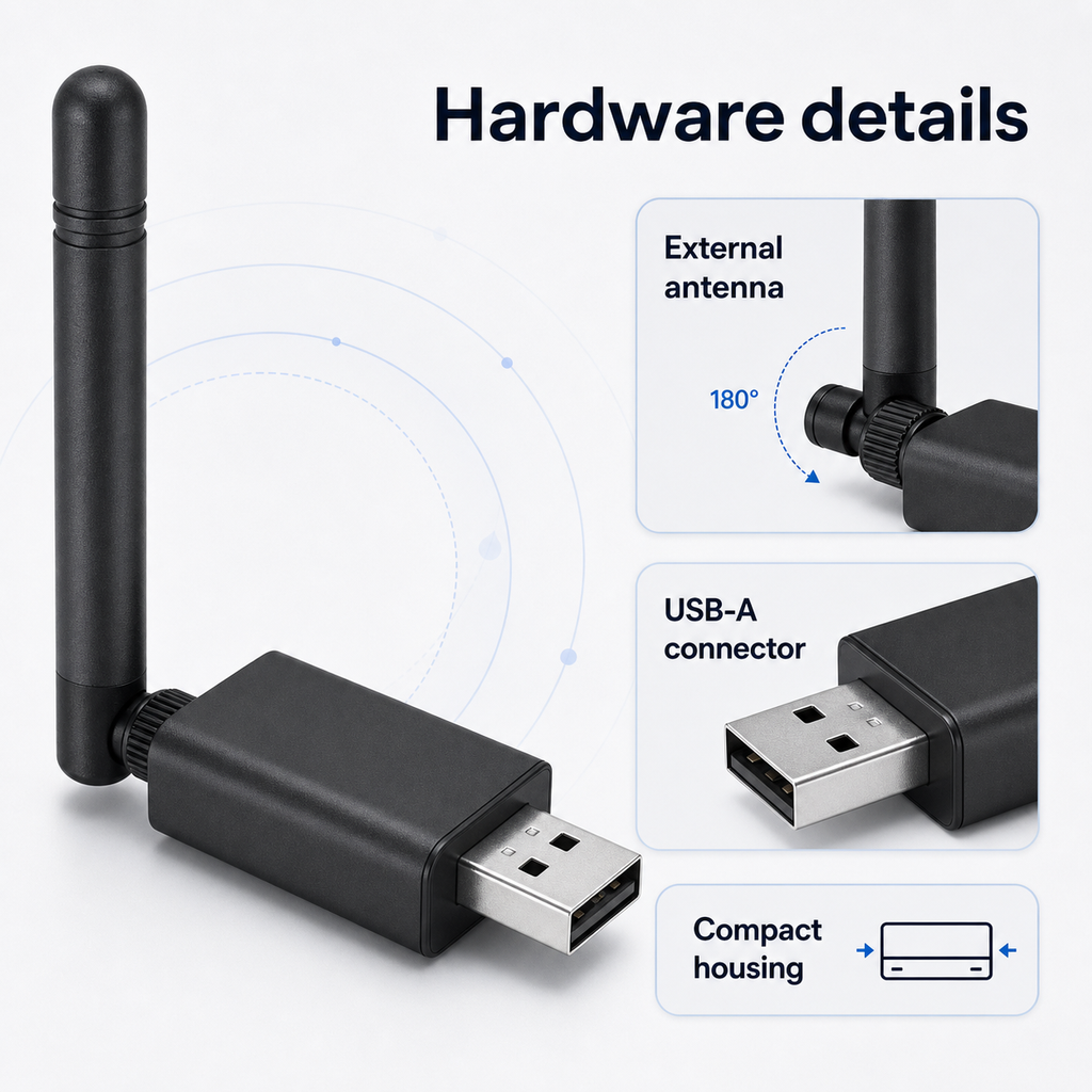 Détails matériels du dongle USB avec antenne externe et connecteur USB-A.