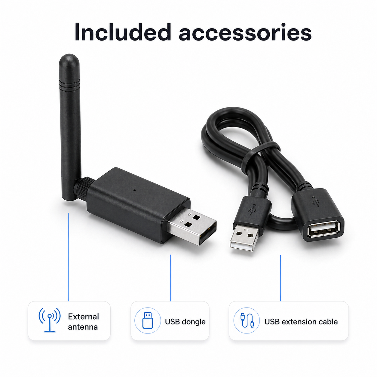 Accessoires inclus avec dongle USB ZigBee Thread, antenne et câble d’extension.