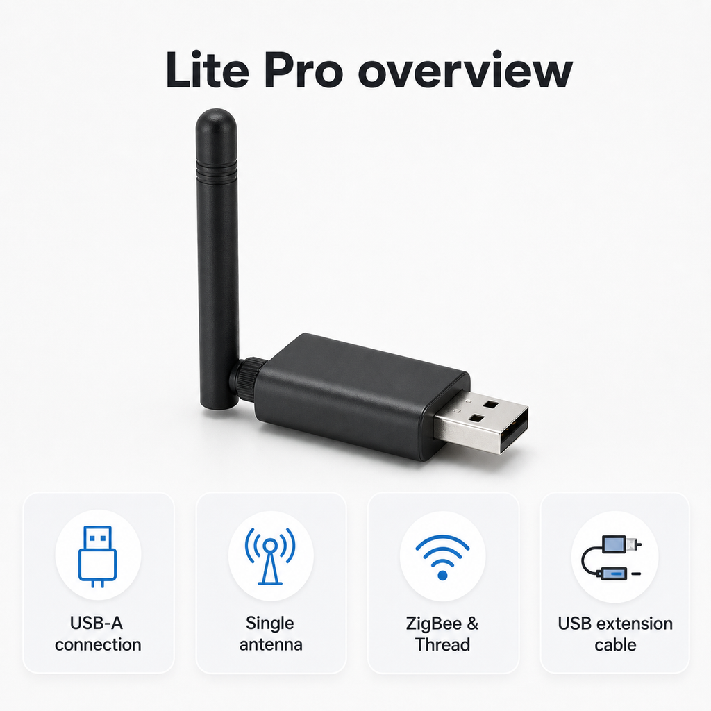 Aperçu Lite Pro du dongle USB ZigBee Thread avec extension USB.